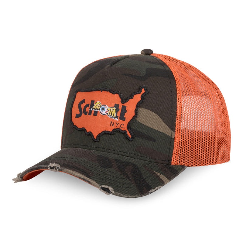 Von Dutch – X SCHOTT Co-Lab – 5-Panel Trucker Cap – Camo/Orange