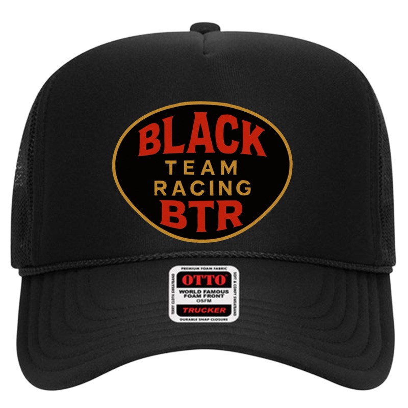 Black Team Racing  5 Panel High Crown Mesh Back Trucker Hat Black