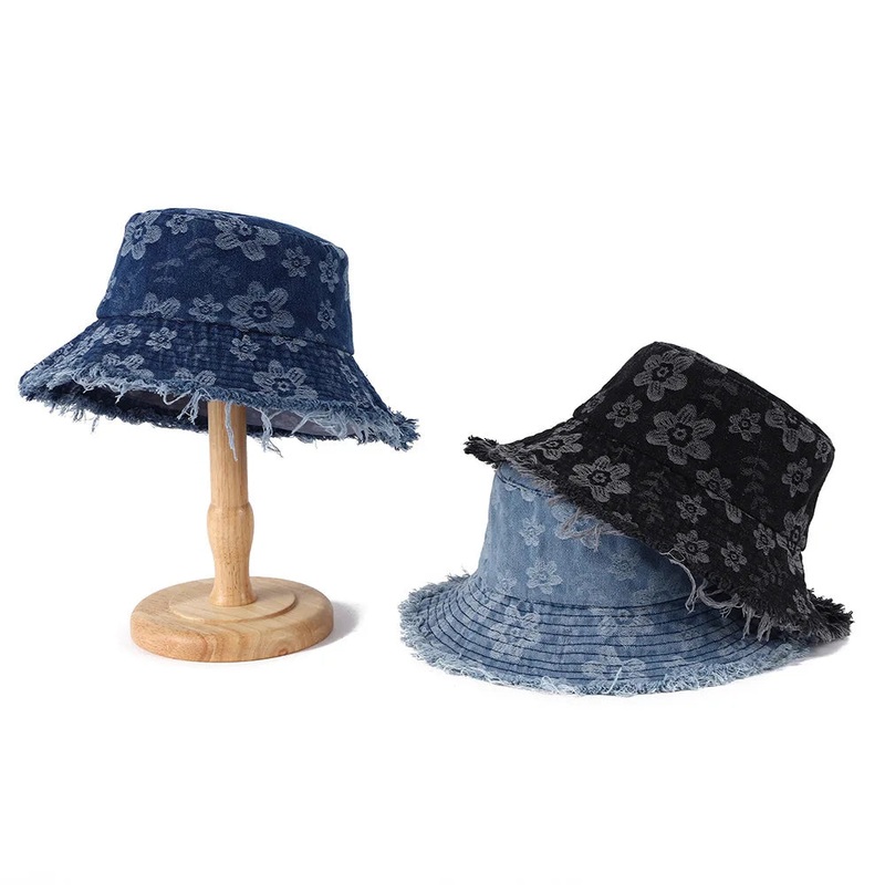 Sunscreen Denim Basin Hat Casual Wind Floral Burr Edge Versatile Bucket Hat
