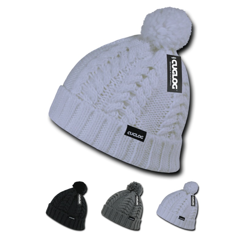 Vesuvius Beanie, Knit Cap, Thick Cable Knit Cuff Beanie with Pom Pom – Cuglog K031