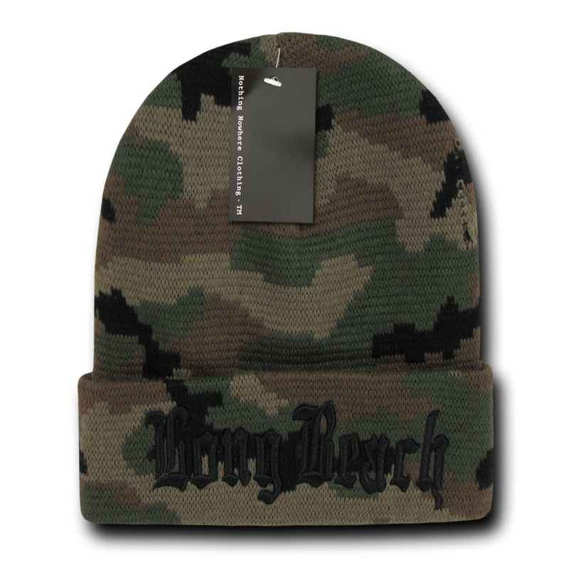 Long Beach City Beanie Knit Cap, Camo/Black