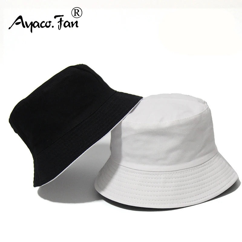 Black Solid Dots Bucket Hat Two Side Wear Unisex Simple Bob Caps Men Women