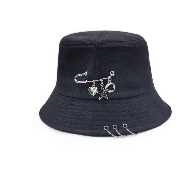 Bucket Hat Women Men Unisex Folding Fisherman Hat Black Metal Ring Flat Top Hip Hop Hats