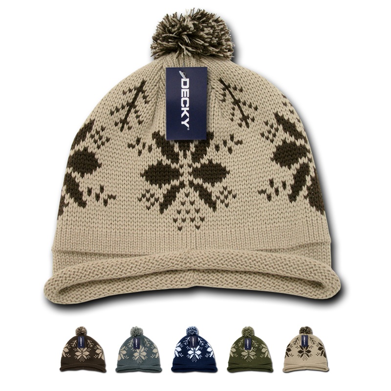 Decky 611B – Snowflake Roll Up Beanie with Pom Pom, Knit Cap