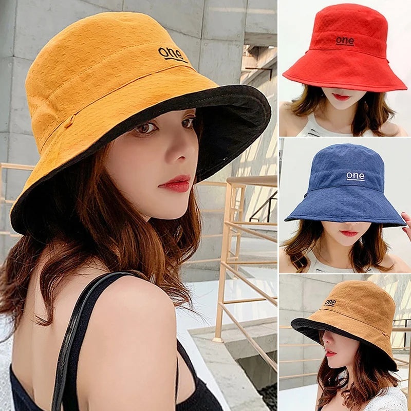 Womens ONE Letter Embroidery Double-Sided Cotton Bucket Hat