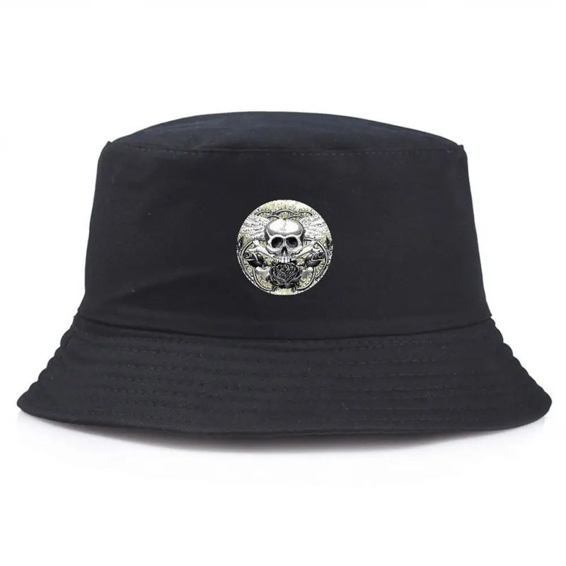 Black Bucket Hat With Skull & Rose Summer Fishing Hat For Men Women