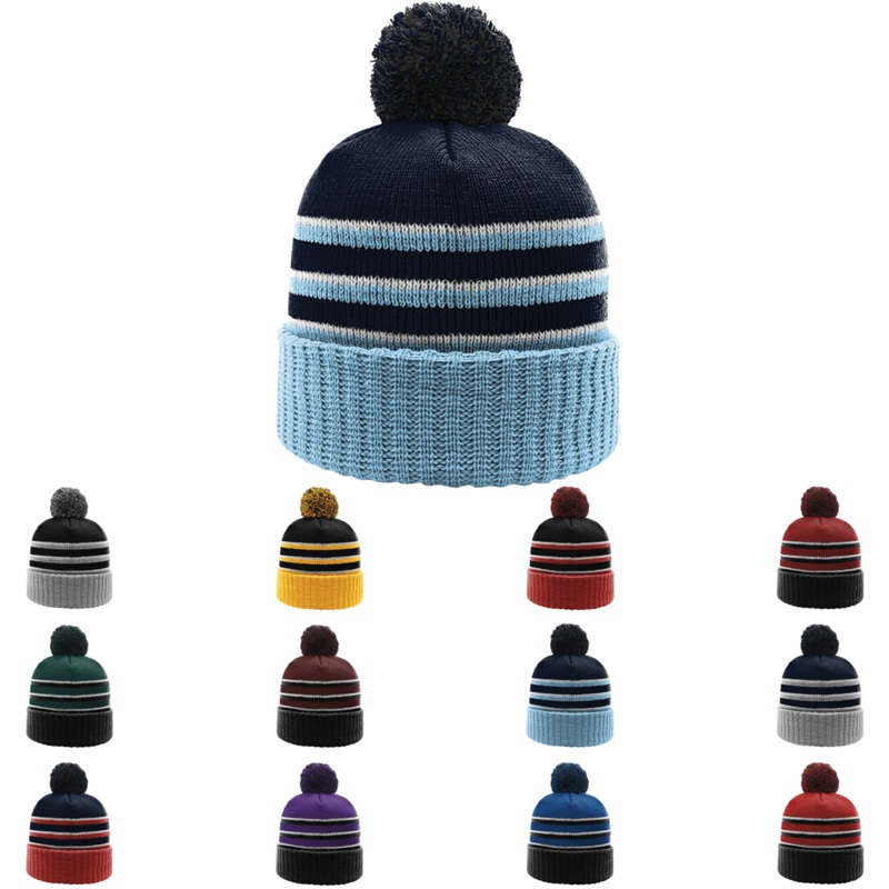 Richardson 134 – Striped Knit Beanie with Cuff & Pom – 134