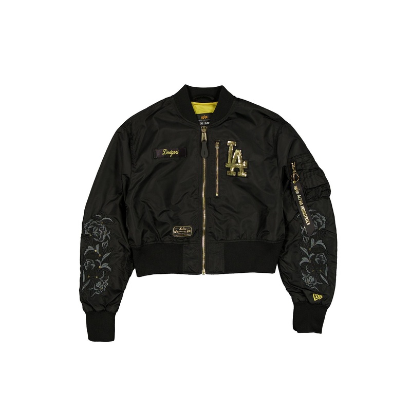 Alpha Industries x Los Angeles Dodgers Black and Gold Women’s Cropped L-2B Bomber Jacket