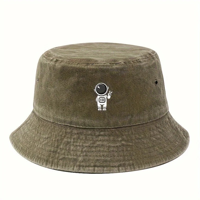 Astronaut Printed Bucket Hat – Vintage Washed Design, Sun Protection For Outdoor Activities
