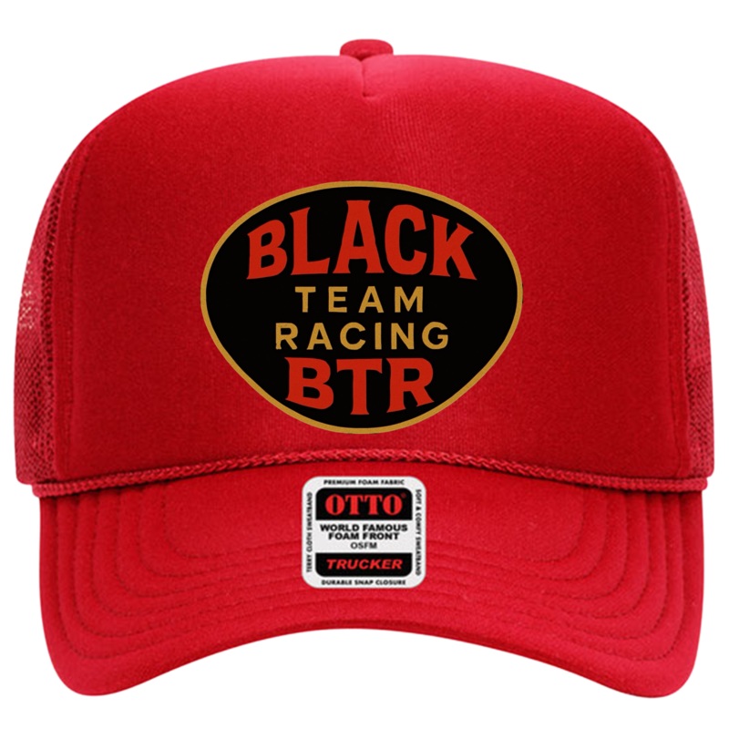 Black Team Racing  5 Panel High Crown Mesh Back Trucker Hat Red