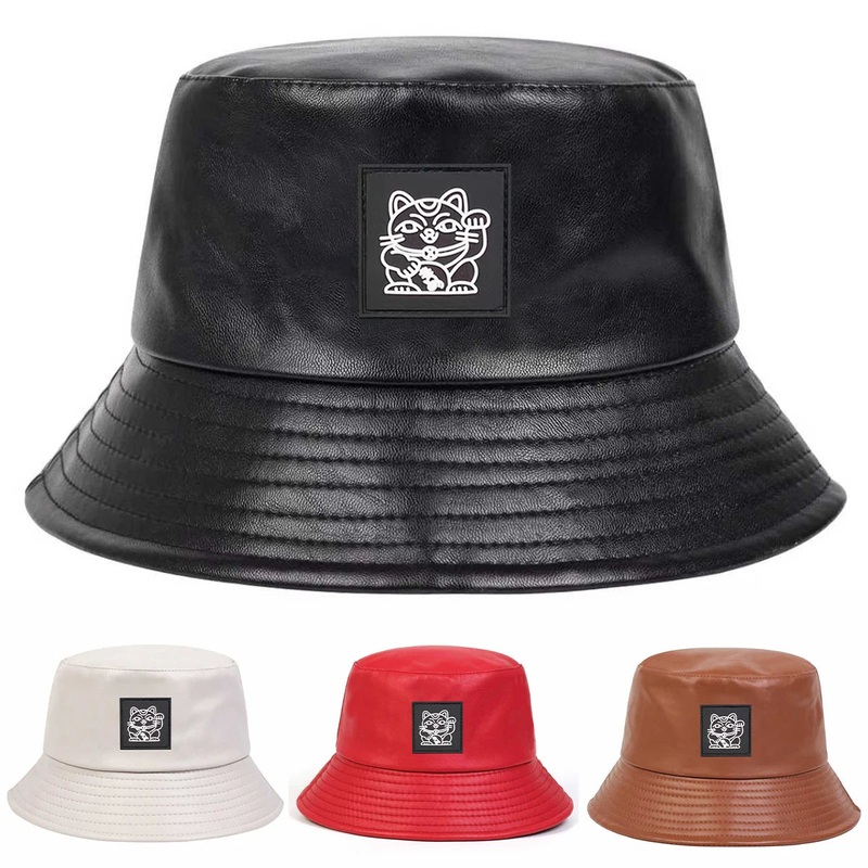 Unisex Zhaocai Cat Sewing Label Personality Pu Leather Bucket Hats Fishermen