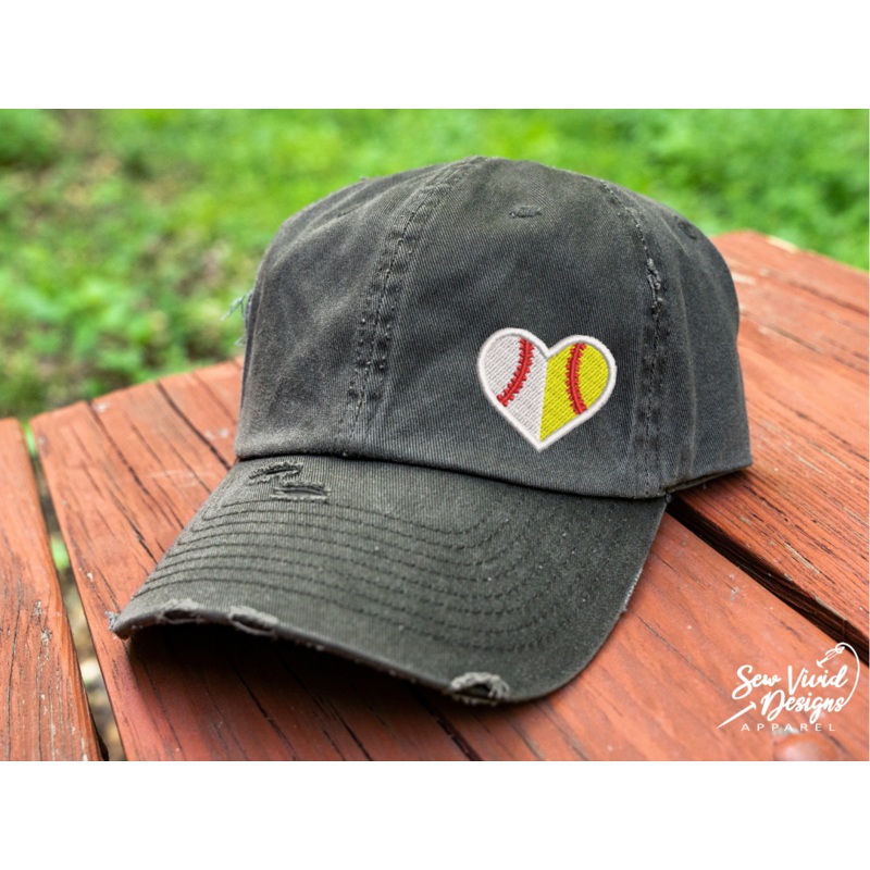 Baseball Softball Heart Hat | Distressed Baseball Cap OR Ponytail Hat