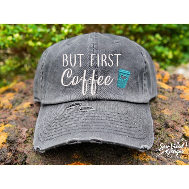 But First Coffee | Distressed Baseball Cap OR Ponytail Hat