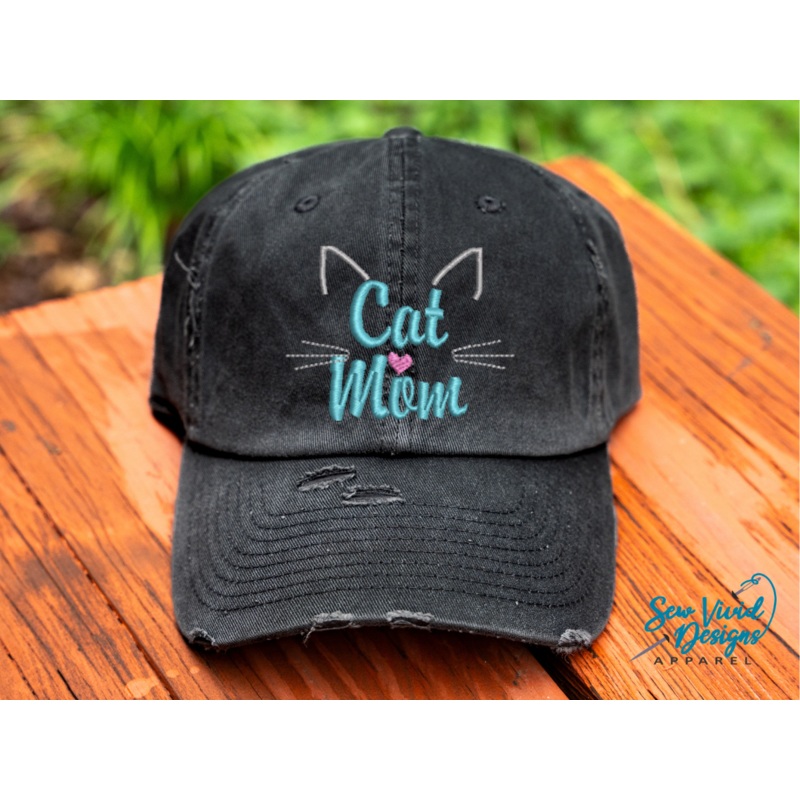 Cat Mom Hat (w/ nose) | Distressed Baseball Cap OR Ponytail Hat