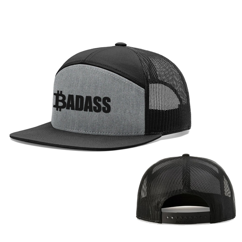 Bitcoin Badass 7 Panel Hats|Seven-Panel Trucker Flatbill|Heather and Black|Full Black|Brown and Khaki|Red And Black|Navy
